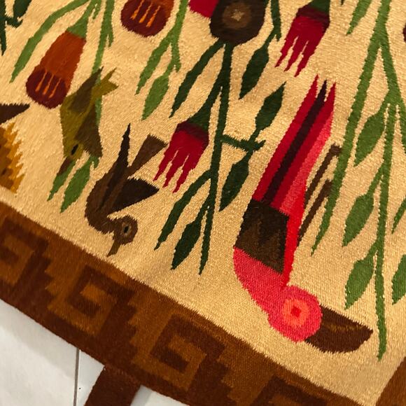 Handmade Wool Bird Forest Tapestry Wall Hanging Peru Folk Art 62 x 39 - Picture 6 of 11